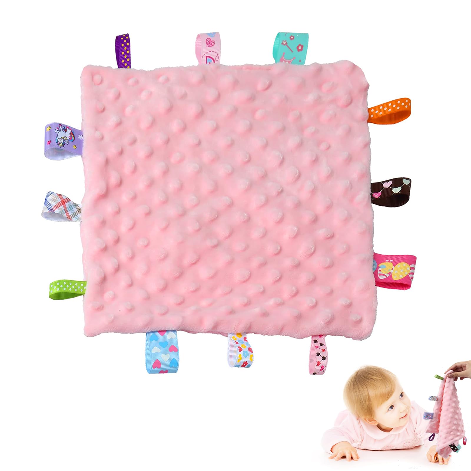 Fleece Plush Tag Security Blankets for Babies, Soft Small Loveys for Girls, Baby Comforter Sensory Blanket, Great Gifts for Birthday Baby Shower (10"X10" /24.5X24.5cm Pink Tag)