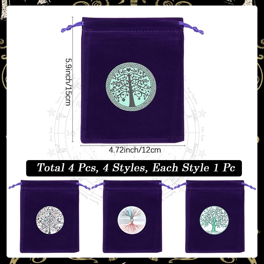 CREATCABIN 4Pcs Tarot Cards Bags Pouches Drawstrings Bags Tarot Cards Holder Pouches Tarot Deck Storage Velvet Bags Purple Tree of Life Tarot Jewelry Wrap Bags for Crystals Dices Witchcraft 5x6Inch - Image 2