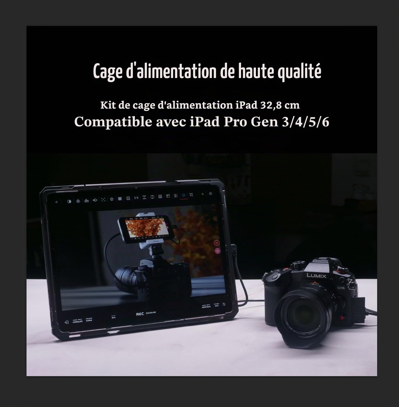Accsoon PowerCage Pro II 12.9 Pouces Compatible avec iPad Pro Gen 3-6 pour Surveillance, Fonctionne avec l'adaptateur de Plaque de Batterie NP-F, Cage Longueur 279-29mm, Largeur 214-231mm