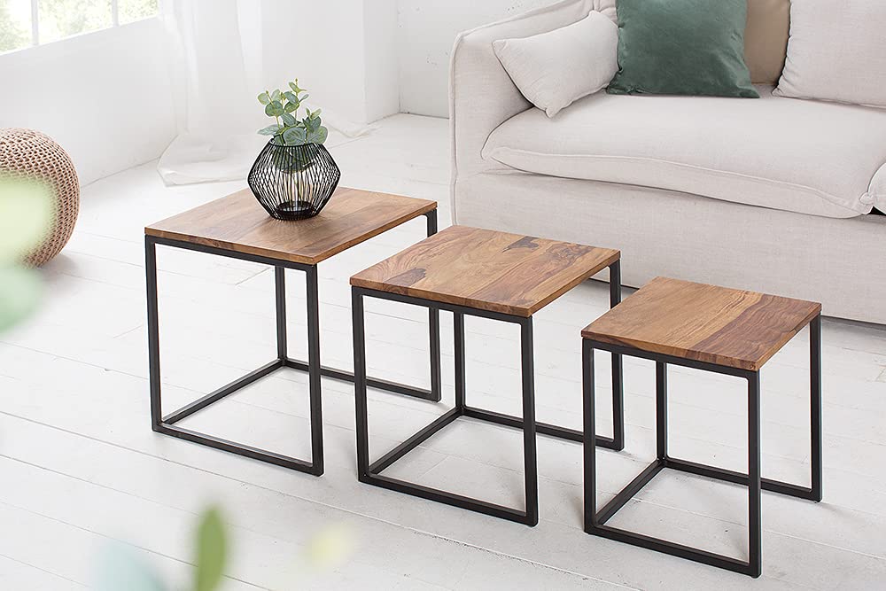 invicta INTERIOR Beistelltisch 3er Set Elements Sheesham Metall schwarz Satztische Tischset Couchtische Beistelltische Wohnzimmertische