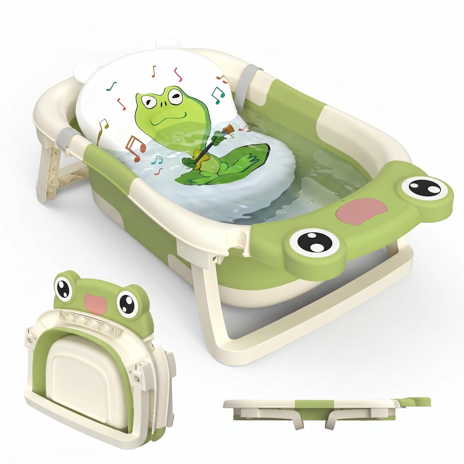 Foldable Baby Bath Tub Collapsible Toddler Bathtub Baby Bath Essentials for Newborn with Seat Support Cushion Stand Folding Baths for Infant 0-12 Months Kids Babies Gift Portable Travel Bathing Tubs