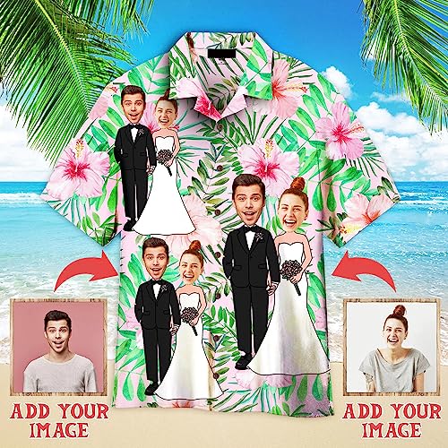 Funny Happy Wedding Couple On Tropical Flowers, Custom Photo Hawaiian Shirt for Men & Women, Custom Face Shirt2