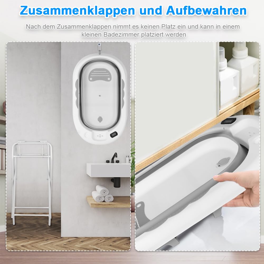 Bañera de bebé plegable en pie, bañera con soporte, cómoda cuenca plegable bebe ldeal con cojín de baño de bebe y termómetro integrado para recién nacidos y pequeños (gris)