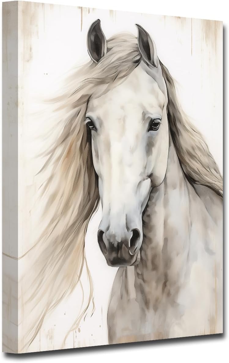 Canvas Wall Art Animal，Horse Head Paintings，Farmhouse White Horse Portrait Picture Prints Living Room Decor Framed(Horse Art-2,24x36inch (60x90cm))