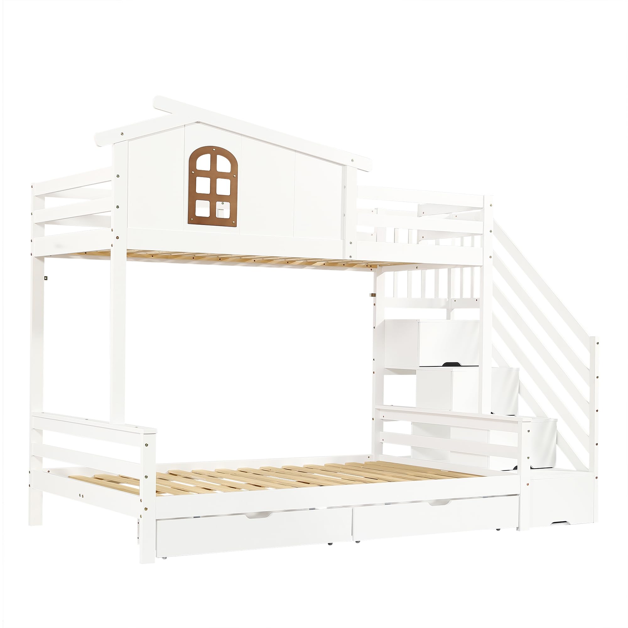 Kinderbett Bett 90x200 & 120x200 cm Etagenbett 2 Kinder, Hochbett mit Stauraum Treppe, Hausbett mit Stauraum 2 Schubladen, Holzbett Kinderbett mit Rausfallschutz, Ohne Matratze, Weiß
