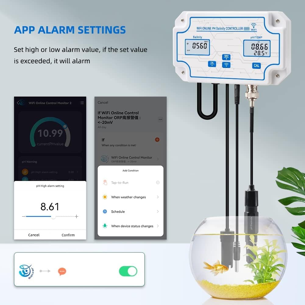WiFi Pool Salt Tester and pH Monitor, Aquarium pH Monitor with pH Controller Online, Salinity Tester for Saltwater Pool Koi Fish Pond Aquaculture Aquarium Desalination Tuya APP Control