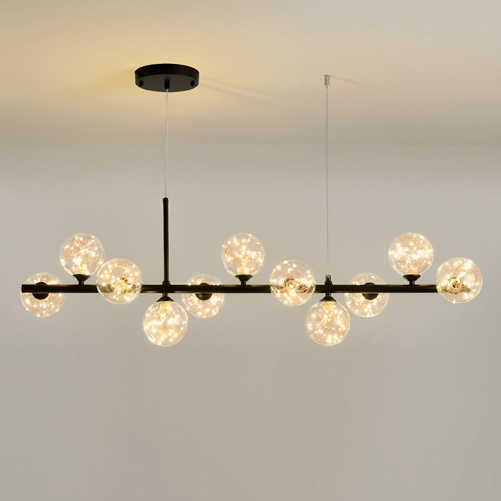 Pilanp Creative Black Chandelier Linear LED Pendant Light With Globe Glass Lampshade Mid Century Modern Indoor Chandelier Kitchen Island Pendant Lights For Dining Room Office Bar