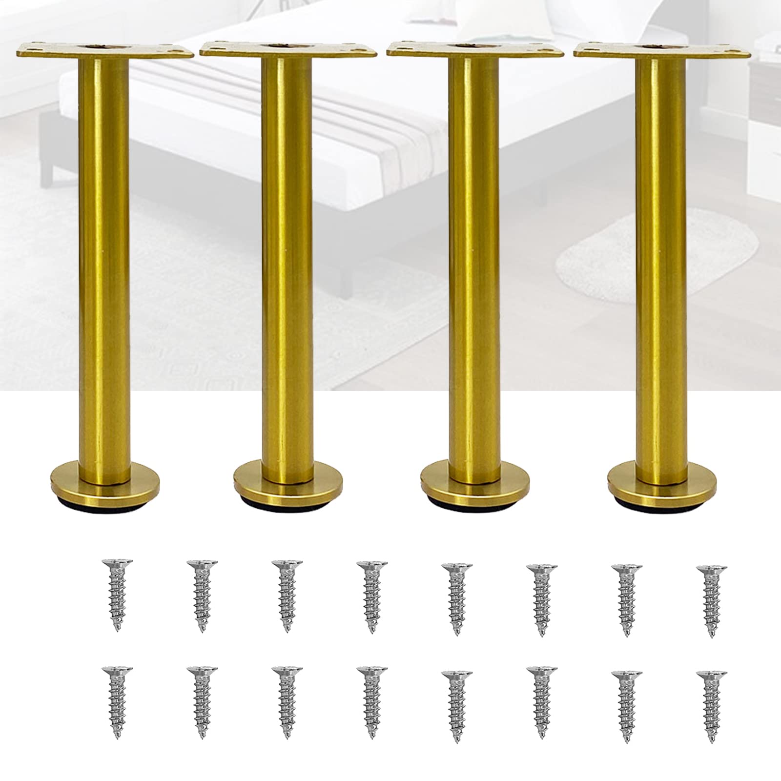 SRHIMEOS 4 Stück Möbelfüße Gold, Rostfreier Stahl, Bettfüße Ersatzfüße Tischbeine, Schrankfüße, No-Slip Silent Base Platzierung Rostfreier Stahl, Stützfüße Mit Anschraubplatte (Height 16cm/6.29in)