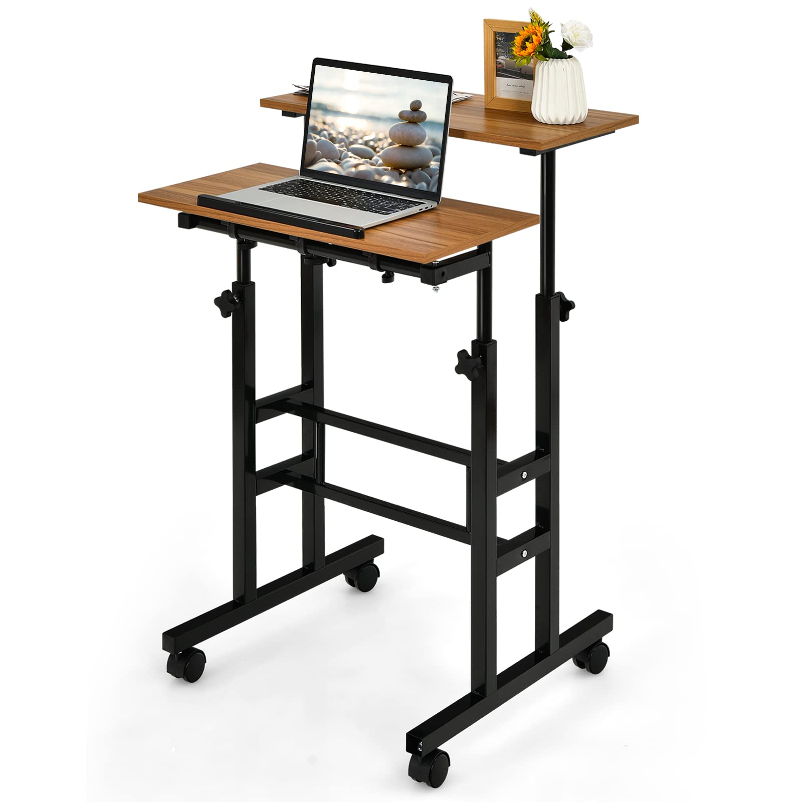 GOPLUS Bureau d'Ordinateur Assis-Debout Réglable en Hauteur 2 en 1, Poste de Travail à roulettes Verrouillables Portable Réglable 60x60x72-123cm (Noyer)