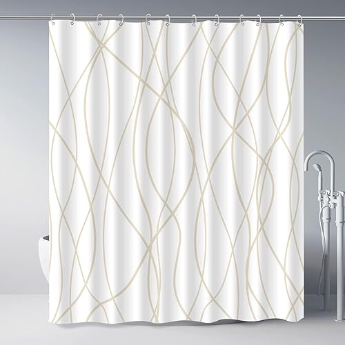 Punkray - Cortina de ducha color beige caqui con ganchos, juego de cortina de ducha extralarga, cortinas de baño a rayas, decorativas, con