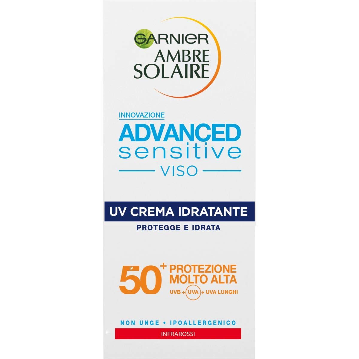 Garnier Ambre Solaire UV Krem do twarzy Advanced Sensitive, SPF 50+, Bardzo Wysoka ochrona, 50 ml