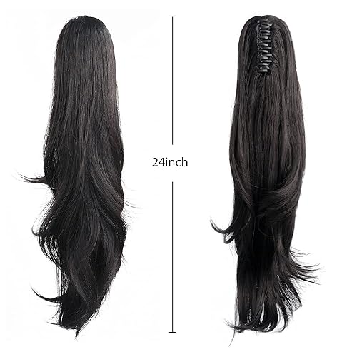 Miniatura 6 de HSPJHTM Extensión de cola de caballo, 2 extensiones de cola de caballo negras de 24 pulgadas, extensiones de cabello sintético con clip de cola de