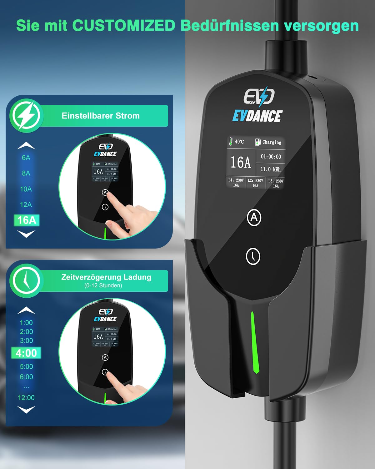 EVDANCE Mobile Wallbox 11kW [7.8m 3-Phasig 6-16A] Typ 2 Ladekabel CEE 16A auf Typ 2 mit Einstellbarer Ladeleistung für Elektroauto