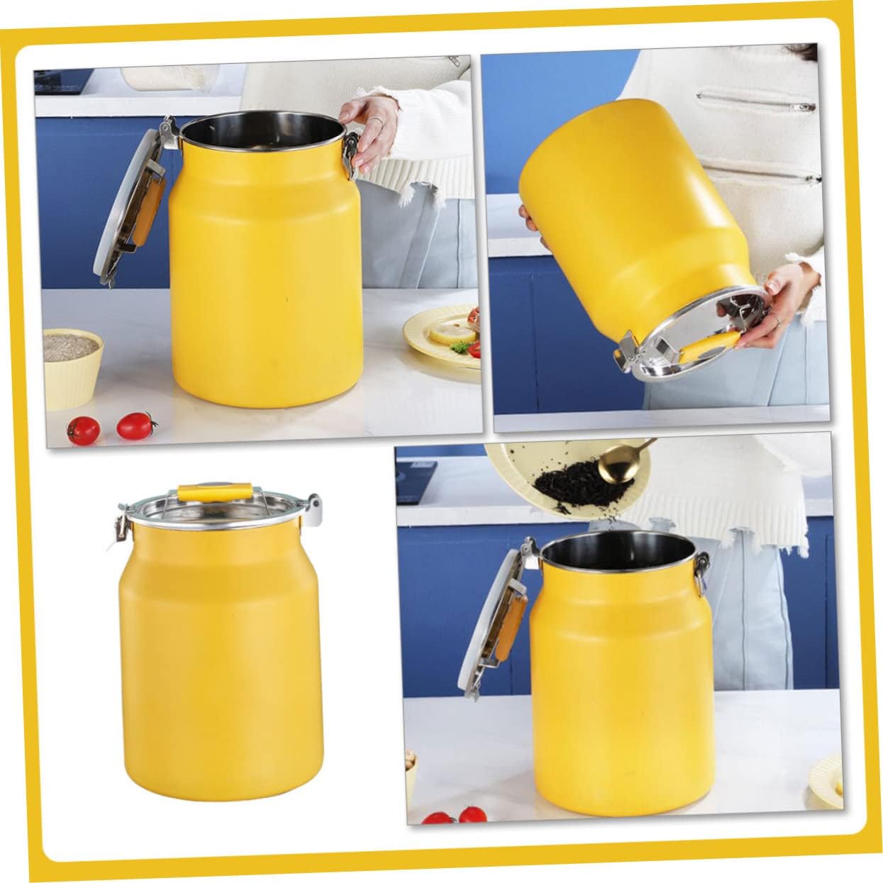 Yellow Stainless Steel Airtight Rice Bucket Sealed Flour Storage Container with Smooth Edges and Material for Household Kitchen Use