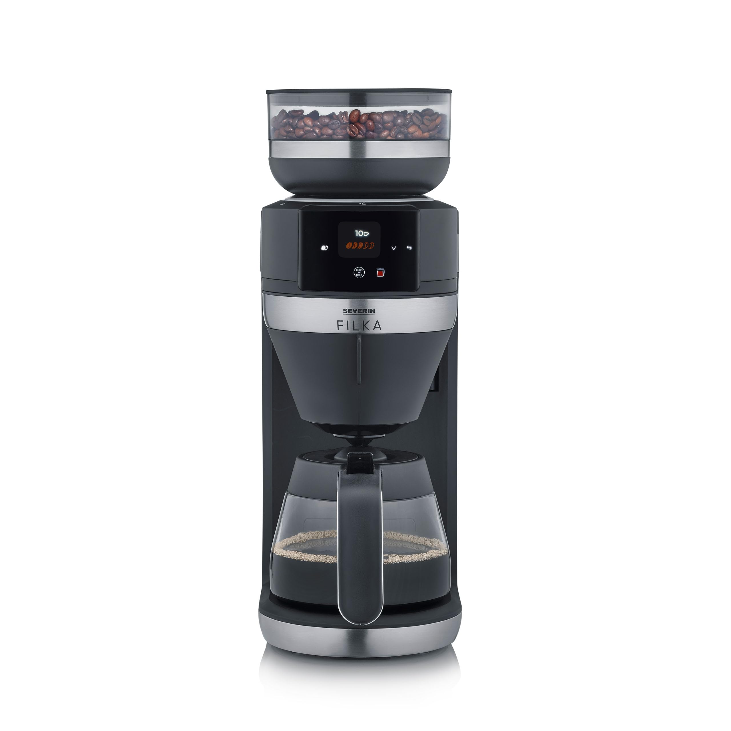 SEVERIN FILKA, Vollautomat für Filterkaffee, 5-in-1 Filterkaffeemaschine mit LED-Display, Mahlwerk, mit Glaskanne, schwarz-matt/Edelstahl, KA 9694