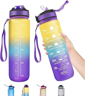 1 Litre Water Bottle Motivational Sport Water Bottles with Straw & Time Markings,Gradient Water bottle BPA Free Leakproof Tritan Material 1 Click Open for Running Gym Office