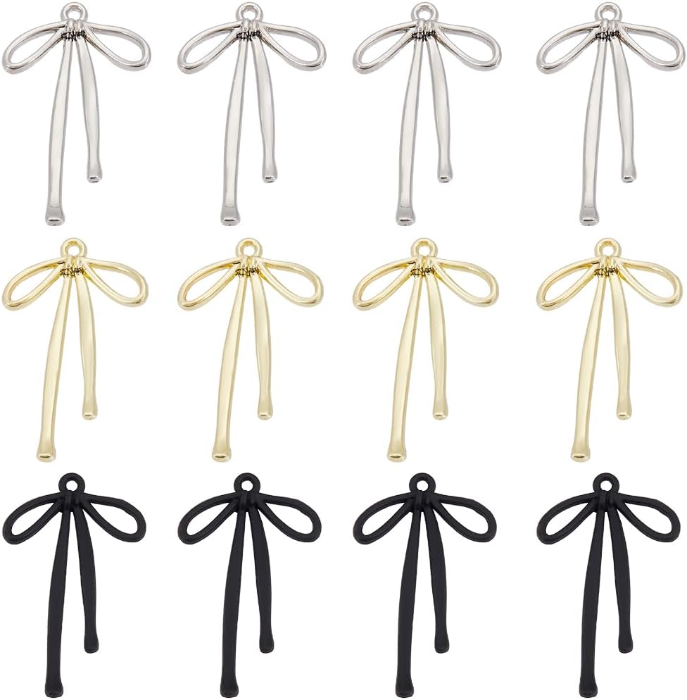 SUNNYCLUE 1 Box 3 Colors 24Pcs Ribbon Bow Charms Metal Bows Charms Bulk Small Silver Black Gold Bowtie Kawaii Bowknot Charms for Jewelry Making Charms Diy Necklaces Bracelets Earrings Supplies Women