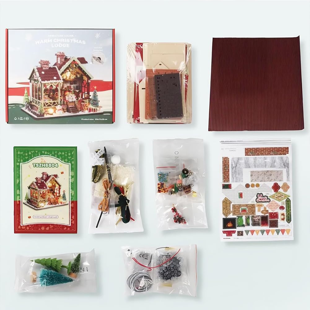 Kit fai da te per casa delle bambole in miniatura di Natale, kit mini casa delle bambole in legno per adulti, puzzle 3D in legno con LED, regalo di Natale e compleanno, decorazione per la casa per