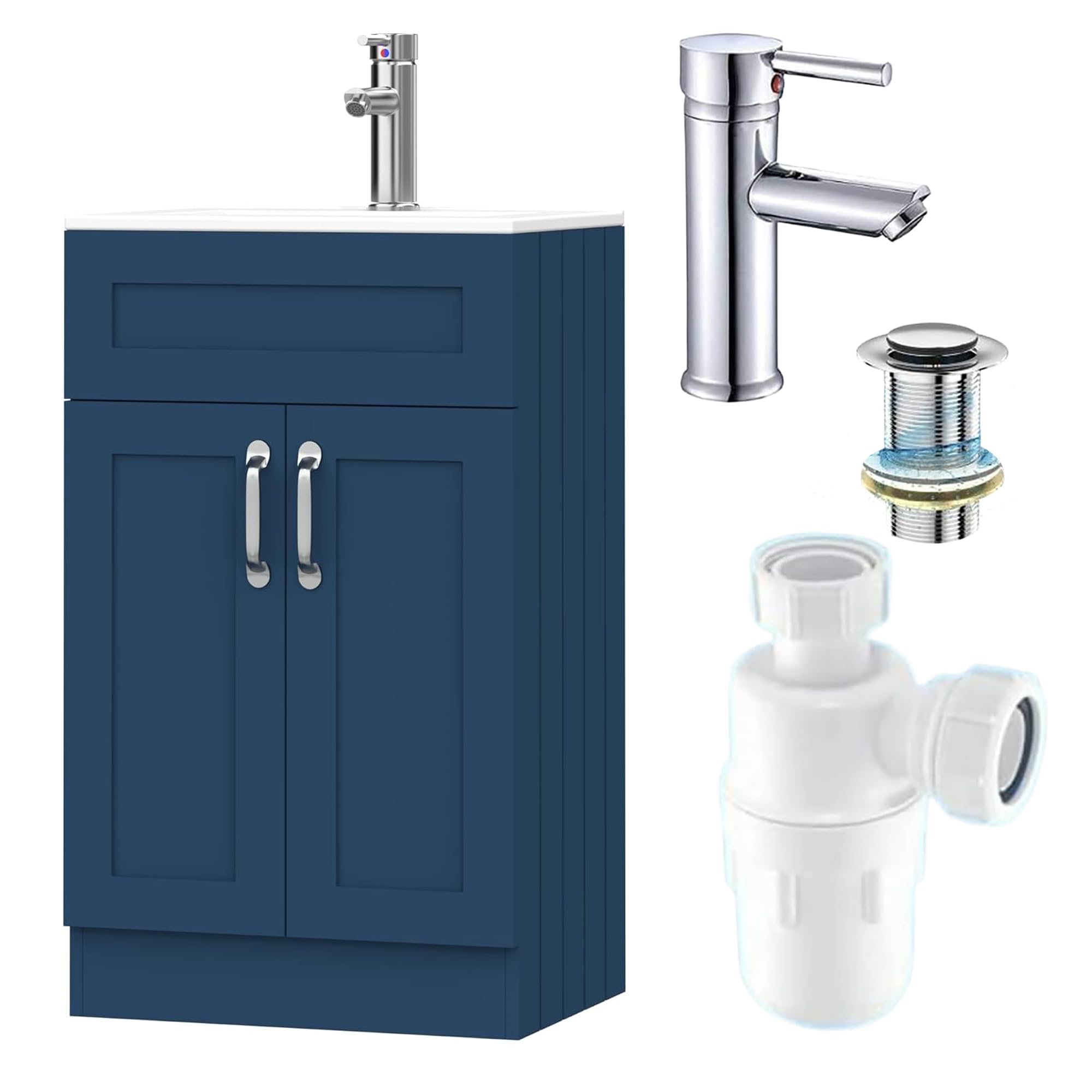 Belofay New York Blue 500Mm Under Sink Bathroom Cabinet Floor Standing Storage Cupboard Basin Vanity Unit, 600Mm Laquered Cloakroom Vanity Unit With Basin, Tap, Trap And Waste (New York Blue)