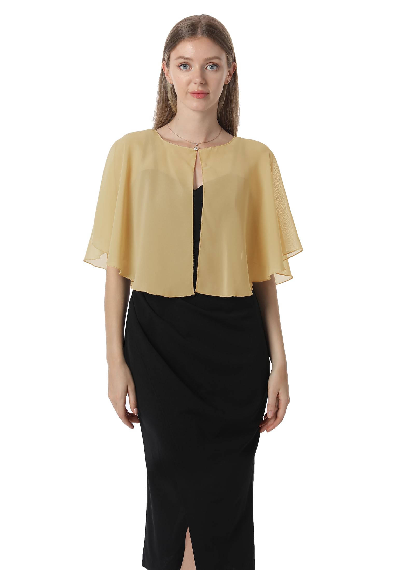 Soft Capelets capes Shawls and Wraps for Dress Chiffon Shrug Wedding Cape Cover Up, Gold, One Size