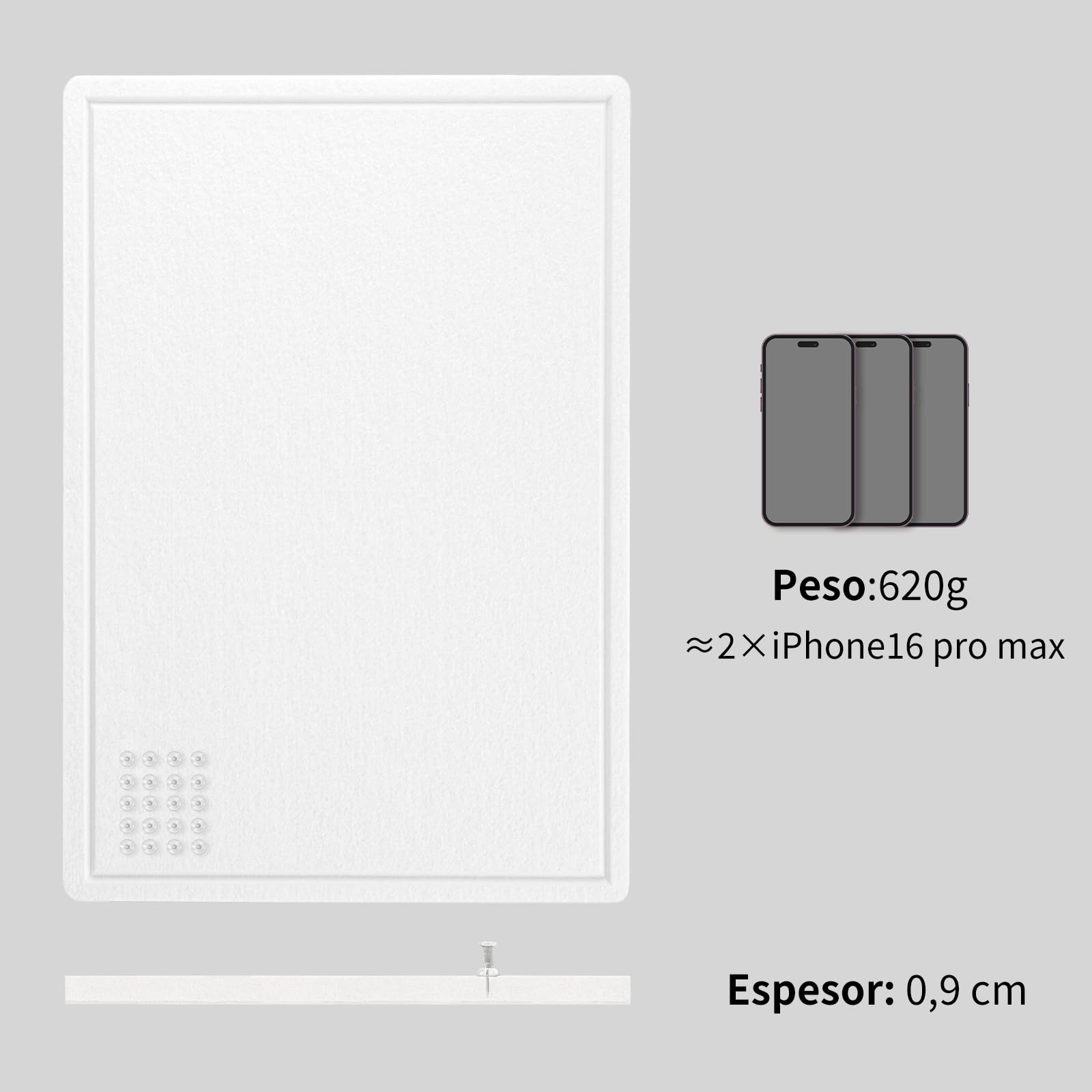 Lightomorrow Tablón de anuncios, 84 x 59 cm, tabla de fieltro – alternativa decorativa a la pared, tablero plegable con tabla de oración autoadhesiva y 20 agujas – blanco