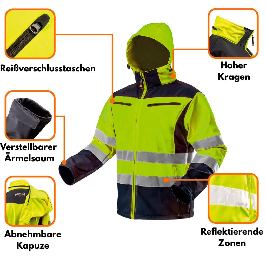 NEO TOOLS Softshell Warnjacke mit Reflektionsstreifen orange Neon gelb Arbeitsjacke Warnschutz Sicherheitshose