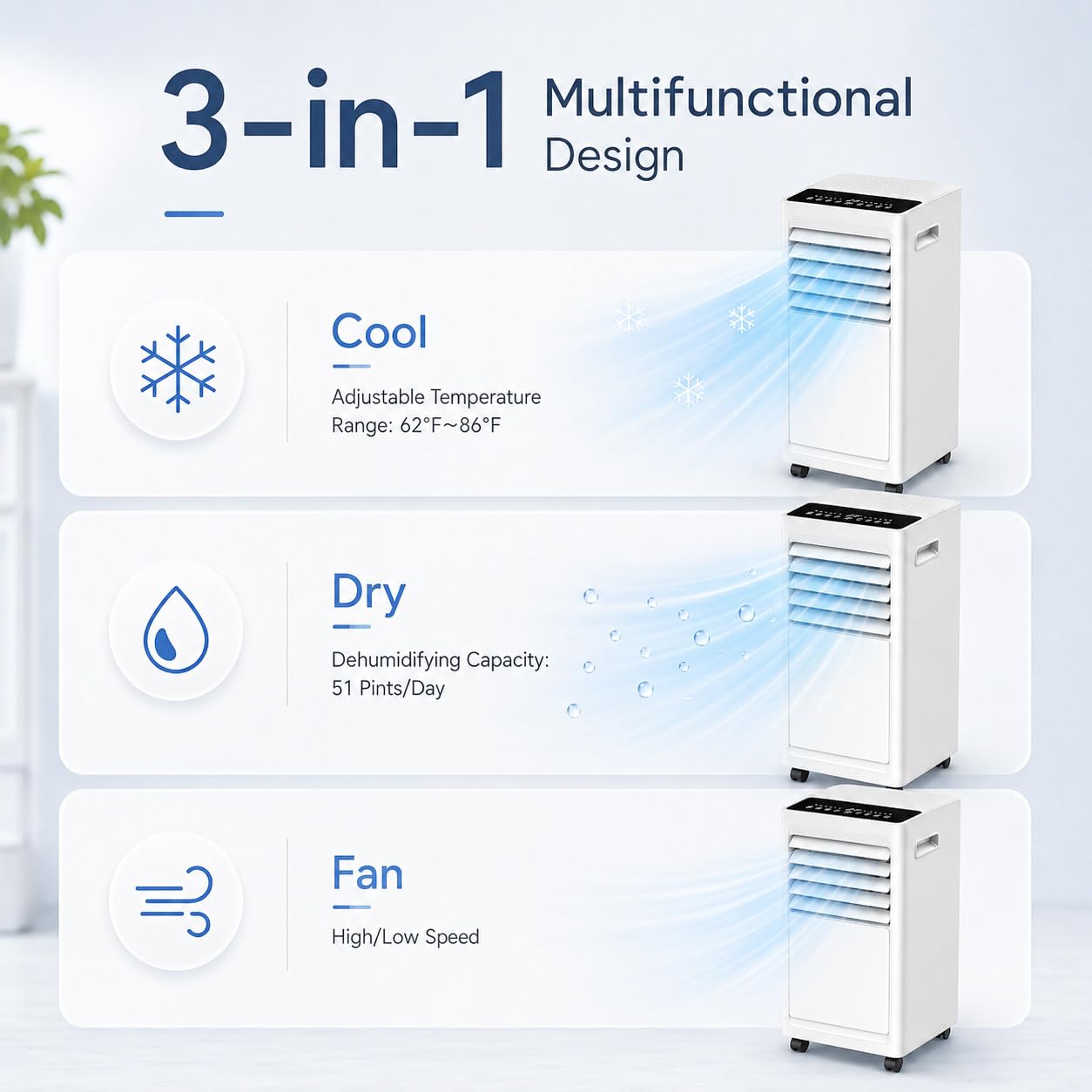 Climatizzatore Portatile 9000 BTU con Kit Finestra e Tubo di evacuazione, 3 in 1 con deumidificatore e Ventilatore, Doppio drenaggio, Filtro Lavabile, per stanze 8–12 m² e Ufficio