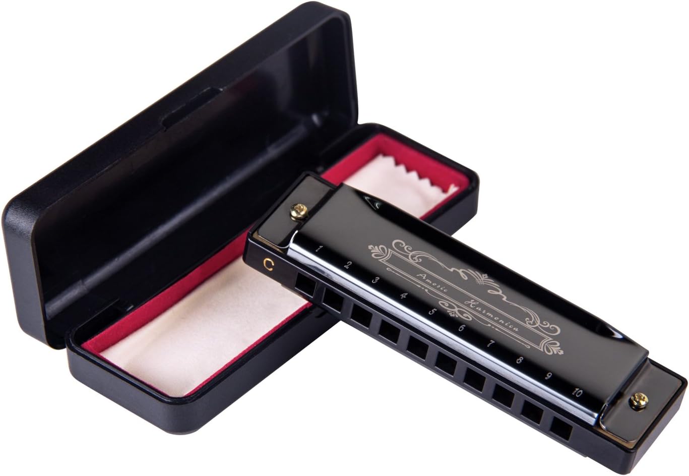 Amosic Blues Harmonica 10 Hole 20 Tones, Key of C, Stainless Steel Harmonica with Case, Suitable for Beginners, Professional Players
