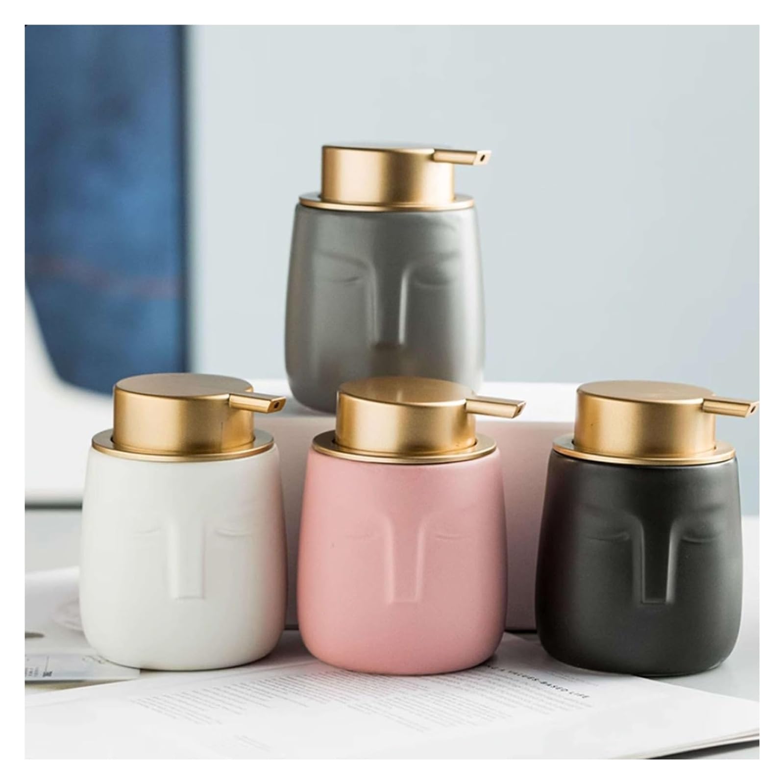 Dozownik mydła, Kubek do płukania ust Nordic Matte Ceramic z dozownikiem balsamu, kształt twarzy, jednokolorowe akcesoria łazienkowe(Black)