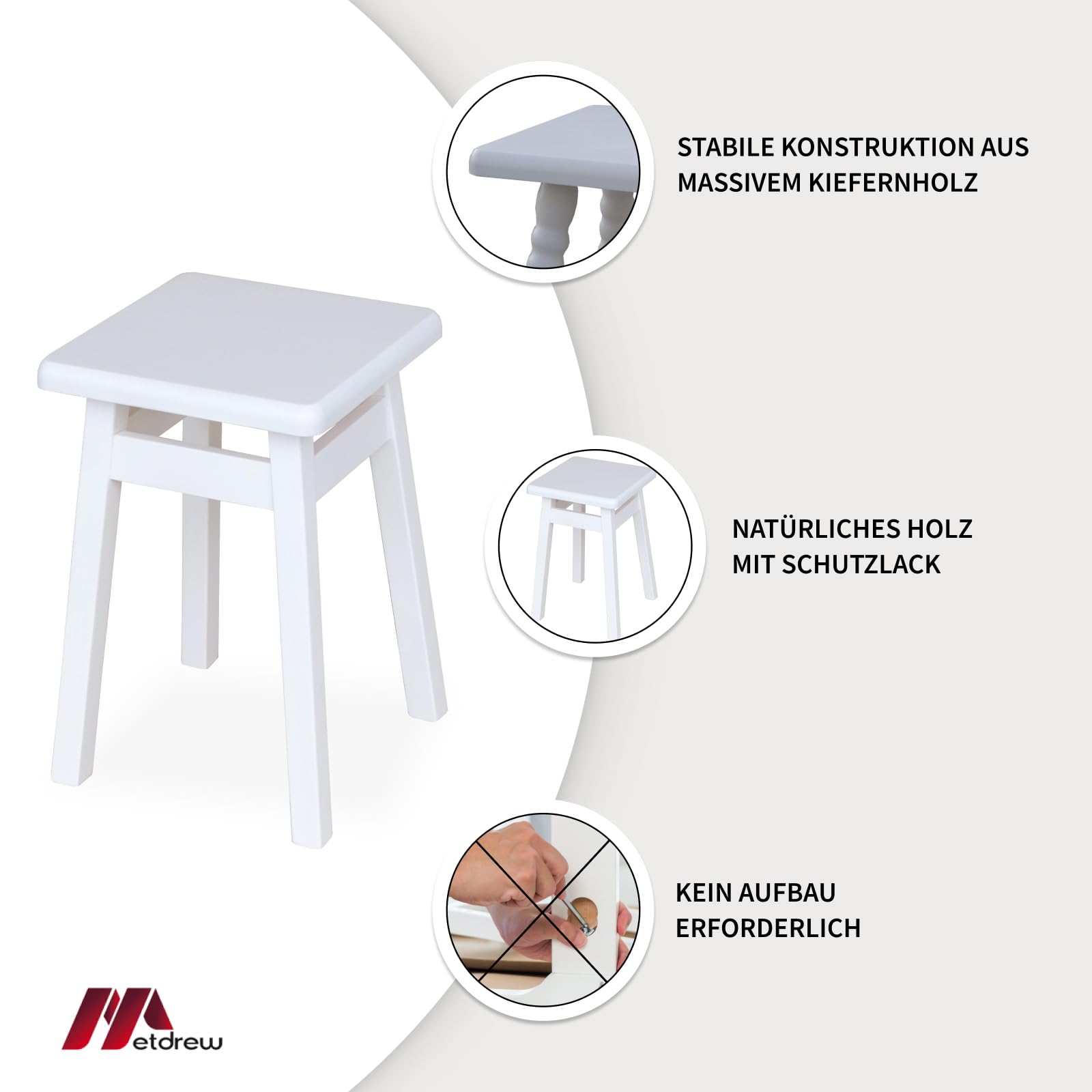 Holzhocker | Sitzhöhe 45 cm, 29 x 29 cm | Für Küche & Essbereich | Quadratische Form | Eckiges Design | Rustikaler Look | Schlichter Hocker | 2 Stück | Farbe: Weiß