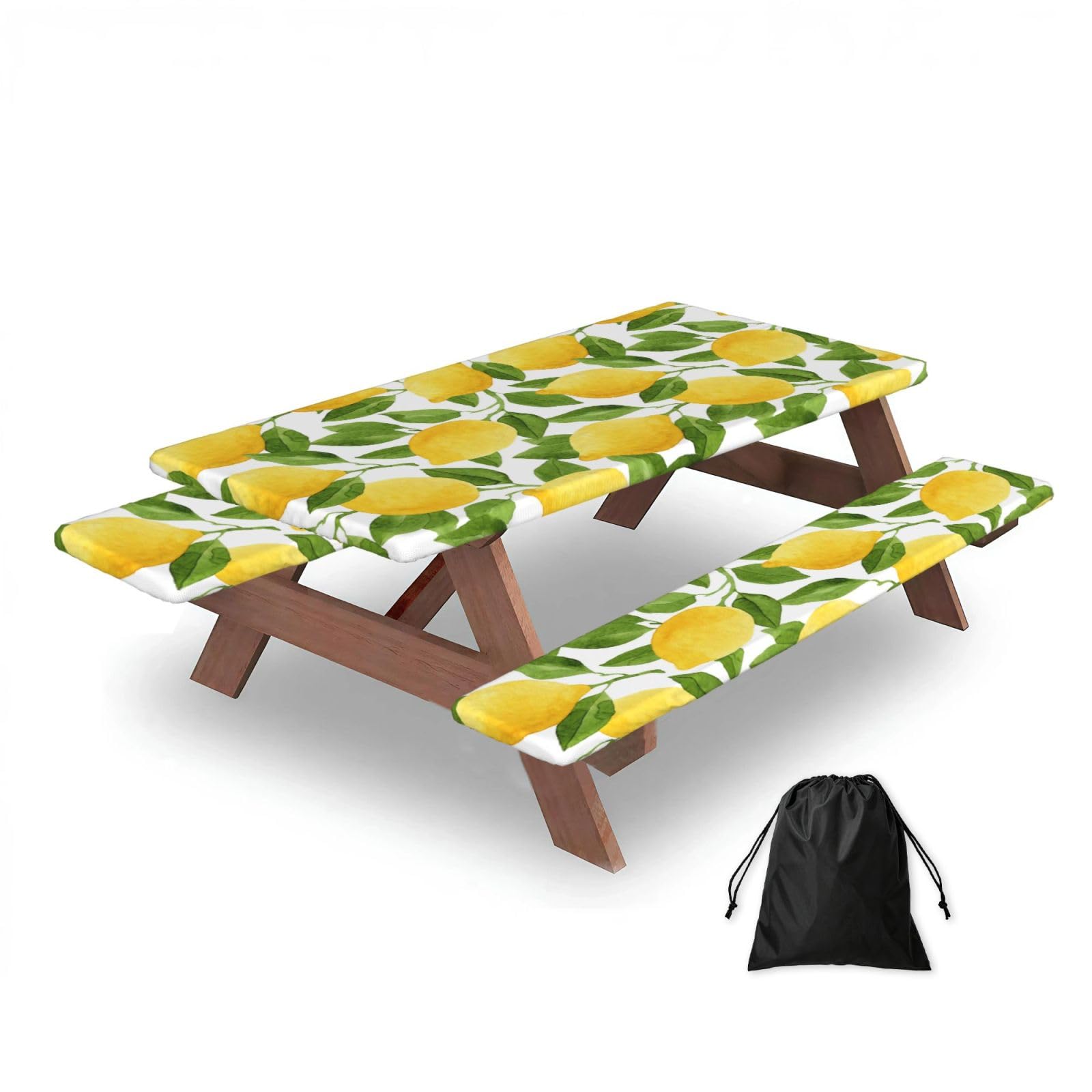 Bright Yellow Watercolor Lemons, Picnic Table Cover With Bench Covers -Waterproof Elastic Fitted Tablecloth for Garden Camping Patio 76x152cm