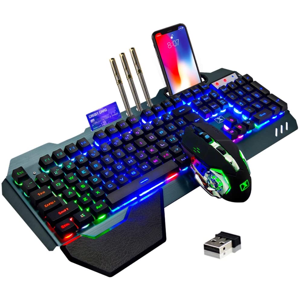 Teclado y ratón inalámbricos para juegos,ratón recargable con retroiluminación arco iris con panel de metal de batería de 3800 mAh, teclado mecánico extraíble y ratón de silencio para juegos