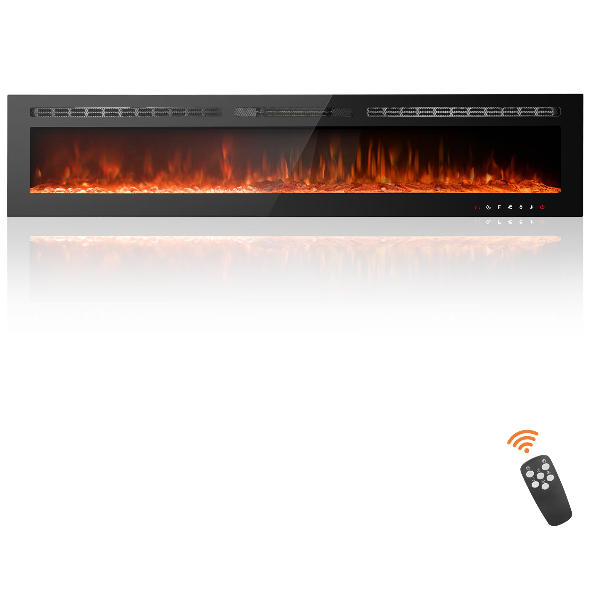 80 inch ultra-thin electric fireplace recessed and wall mounted with touch screen control panel/remote control- timer,realistic 5 flame - log & crystal hearth options