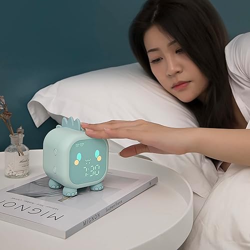 Miniatura 2 de MOSHOU Reloj despertador para niños, lindo reloj despertador digital de dinosaurio para dormitorio de niños, timbre activado por sonido, luz de