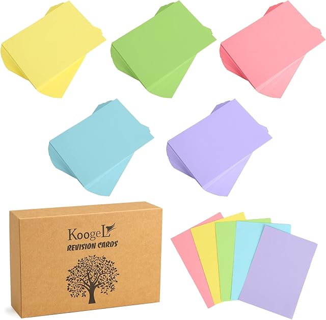 Koogel Coloured Index Cards, A6 Revision Cards 300 PCS Flash Cards Note Pad Record Cards Memory Stationery Supplies for Office University Presentation Study Learning