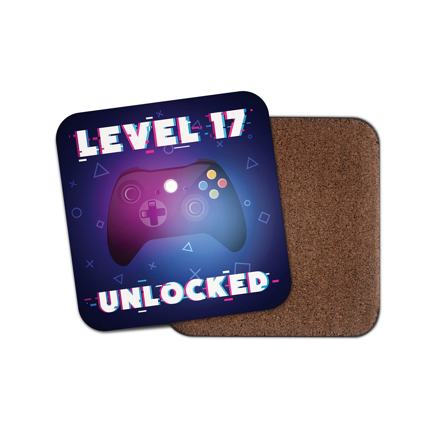 Dv Design Girls Multicolor Square Single Coaster - Gamer Birthday Level 17 17Th Seventeen Seventeenth Unlocked Gaming Game Controller Glitch Boys Men Teenager Teen Mancave Gift #78604