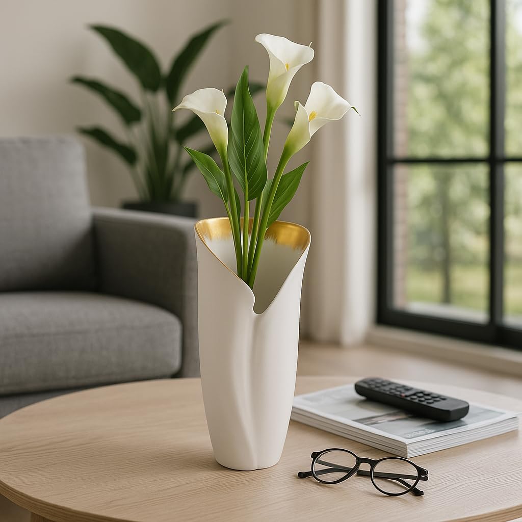 Contemporary Small Sculptural Vase for Living Room Decor - Elegant Home Accent for Office, Table, and Bedroom Styling - Decorative Flower Vase for Entryway, Hallway, or House Decor - 12" White & Gold