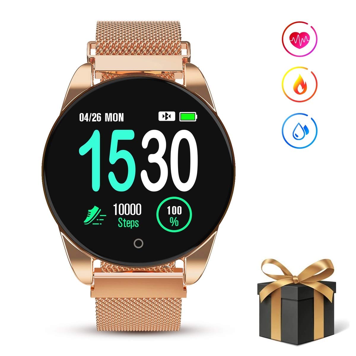 GOKOO Smart Watch for Women Men with All-Day Heart Rate Blood Pressure Sleep Monitor IP67 Waterproof Sport Activity Tracker Notifications Music Camera Control Calorie Running Counter Reminder (Gold)