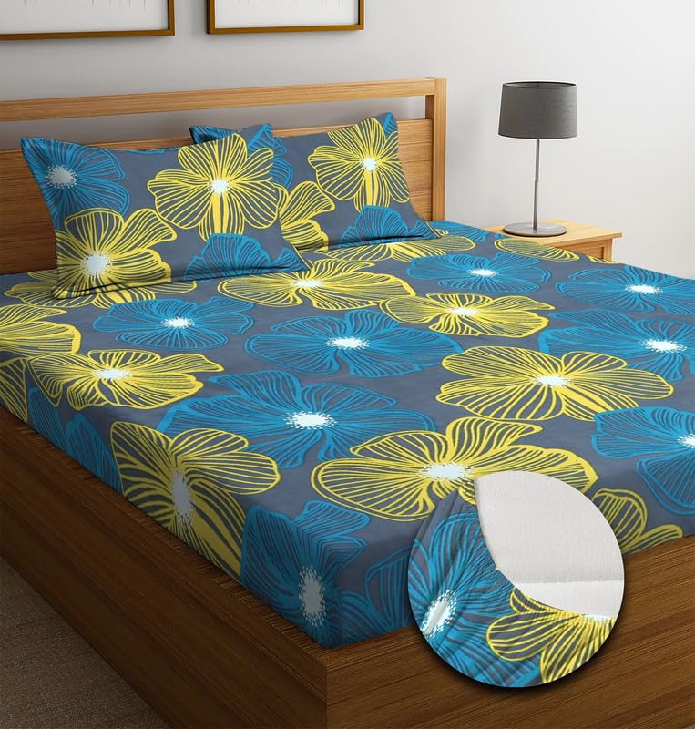 Image of NEW LEAF Premium Cotton Elastic Fitted Bedsheets with 2 King Size Pillow Covers | Double Bed with All Around Elastic 180 TC Supersoft |Size-72 King Sizex78+10 inches | Green & Yellow