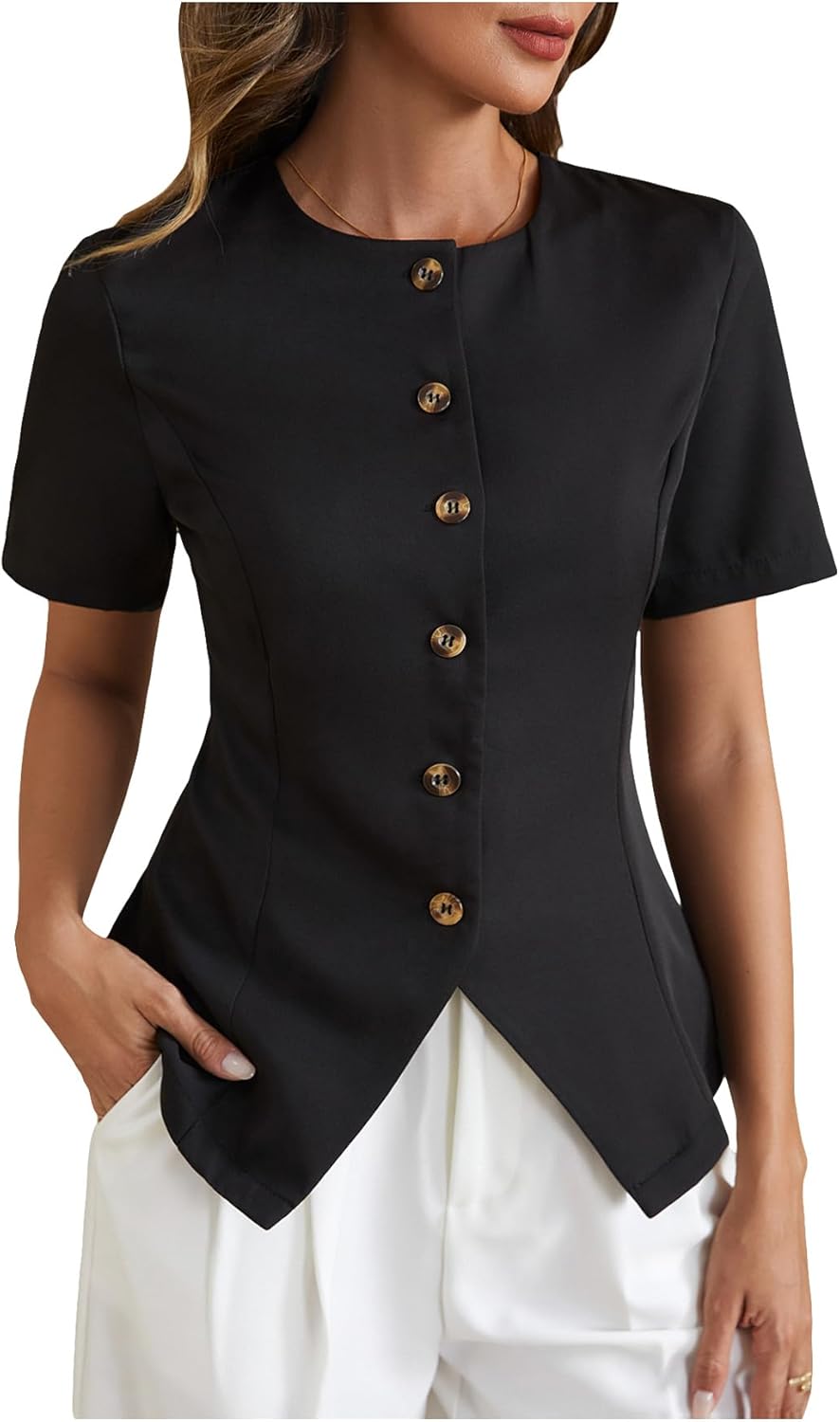 Women's Button Down Short Sleeve Blouse Crew Neck Split Hem Work Office Shirts