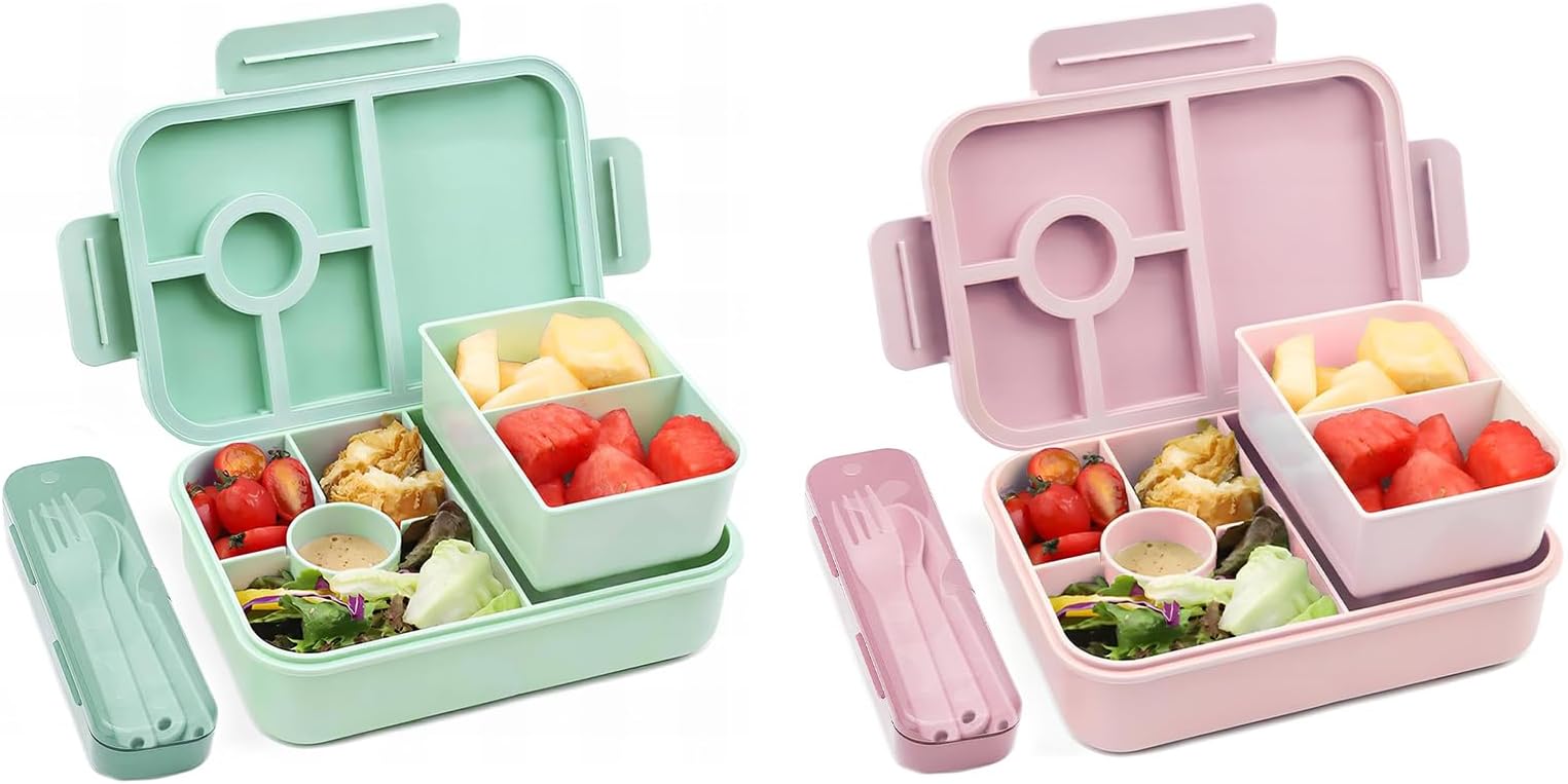 Bugucat Bento Lunch Box 1300ML 2PCS,Box Bento Boxes with 4 Compartments Cutlery,Leak-Proof Lunchbox Snack Boxes for Kids Adult,Kids Lunch Box with Compartments for School Kindergarten Office
