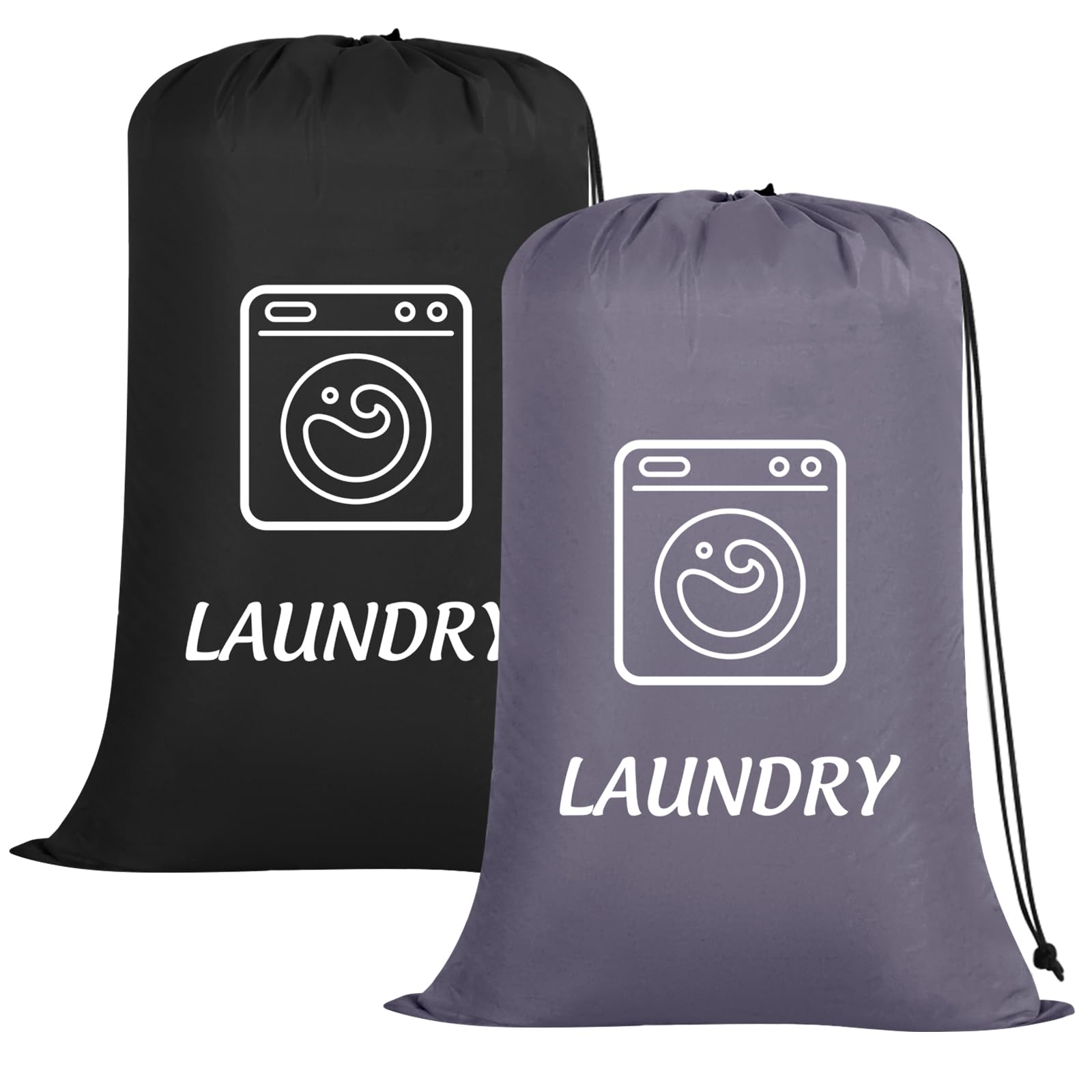 Dntorx 2 Pack Large Travel Laundry Bags, 24" x 36" Heavy Duty Dirty Clothes Bags with Drawstring Machine Washable Reusable, Easy Fit a Laundry Basket or Hamper for Home, Travel, Camping (Black + Grey)