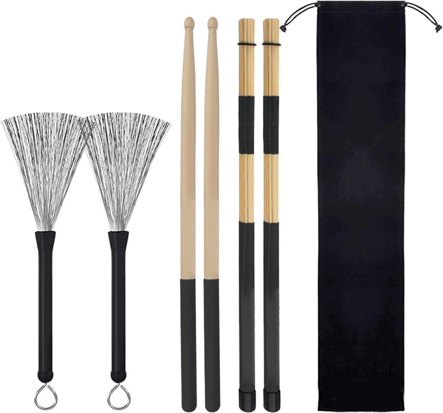 Drum Stick Set,1 Pair 5A Classic Maple Wood Drum Sticks and 1 Pair Retractable Drum Wire Brushes and 1 Pair Rods Drum Brushes with Storage Bag for Rock Band,Jazz Folk Total 3 Pairs