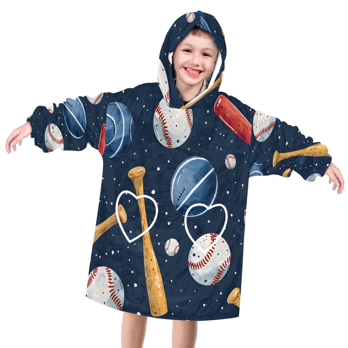 Wearable Blanket Hoodie for Kids, Cartoon Baseball Fleece Sweatshirt Blanket Oversized Blanket Sweatshirt with Pocket Flannel Warm Hooded Blanket 6-10 Year Old Girl Boy Gift, One Size