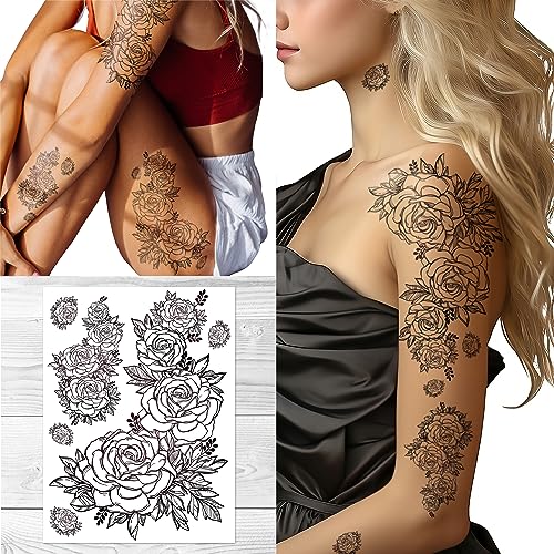 Supperb® Temporary Tattoos - Hand Drawn Black Roses Flowers Tattoos
