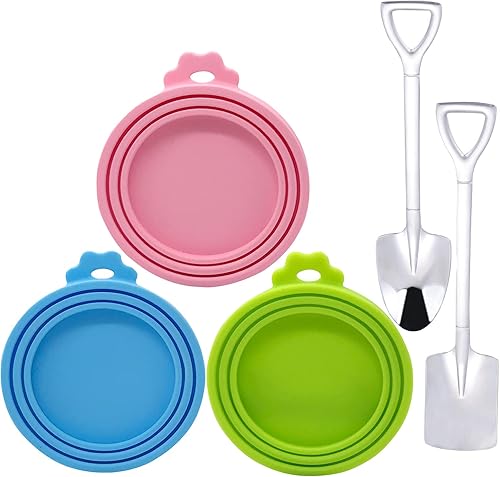 Miniatura 8 de Muluo 5 tapas para latas de comida, 3 fundas para latas de mascotas, 2 cucharas de comida que se adaptan a todas las tapas de latas de perros y