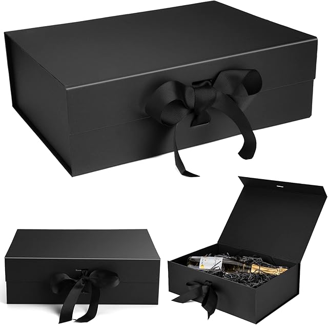 Luxury Magnetic Gift Box with Ribbon,Anniversary Birthday Folded Gift Boxes for Presents with Lids, Large Black Gift boxes for weddings,birthdays&anniversaries etc(Size 12.2×8.7×4.0in)