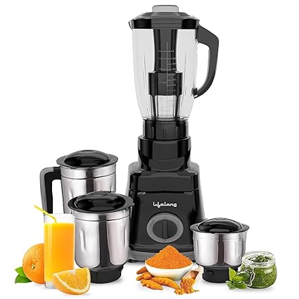 Lifelong Juicer Mixer Grinder for Kitchen - 4 Jars 750 Watt Mixie - Juicer with Fruit Filter, Grinding Jar, Chutney Jar & Liquidizing Jar used as Wet Grinder & Blender - Stainless Steel Blades(LLMG75)