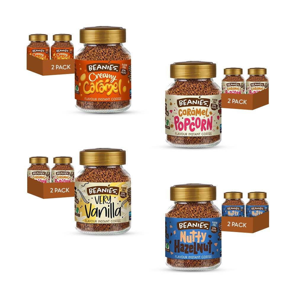 Beanies Instant Coffee with Creamy Caramel x 2, Very Vanilla x 2, Caramel Popcorn x 2, and Nutty Hazelnut x 2, Flavours, 400g (50g x 8 pack) - Delicious, Rich in Flavour, Low-Calorie, Sugar-Free