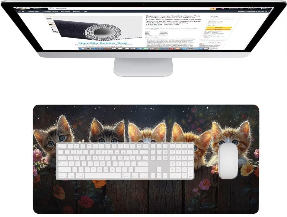 Tapis de souris XXL 1200x600mm motif chat et fleur avec bords cousus pour PC